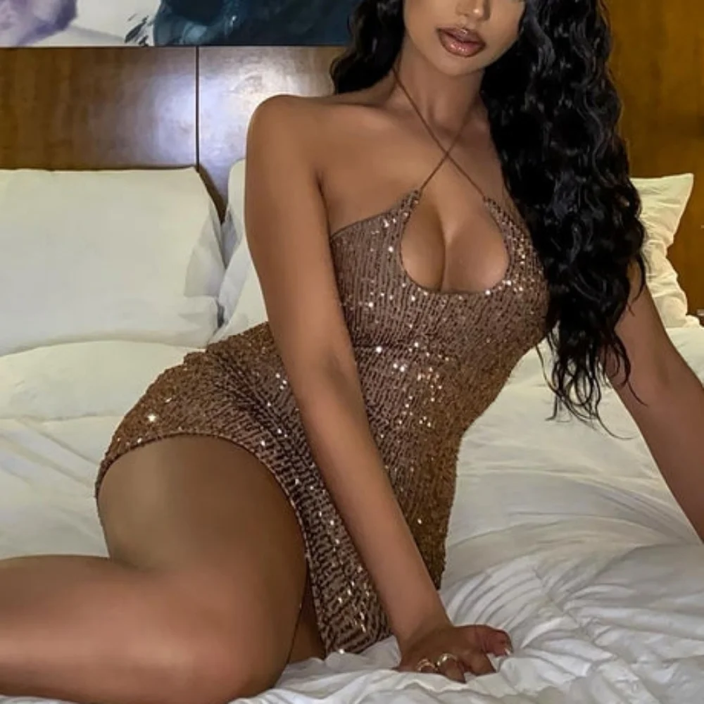 Fashion Nova Mocha Brown Out Til Dawn Sequin Mini Dress Size Large